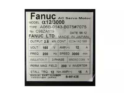 Fanuc A06B-0143-B075#7075 AC Servo Motor a12/3000