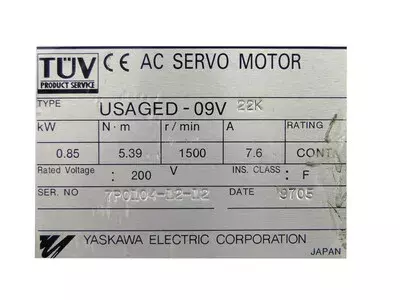 Yaskawa USAGED-09V 22K or USAGED-09V22K AC Servo Motor 