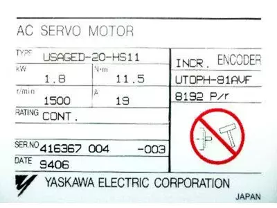 Yaskawa USAGED-20-HS11 AC Servo Motor 